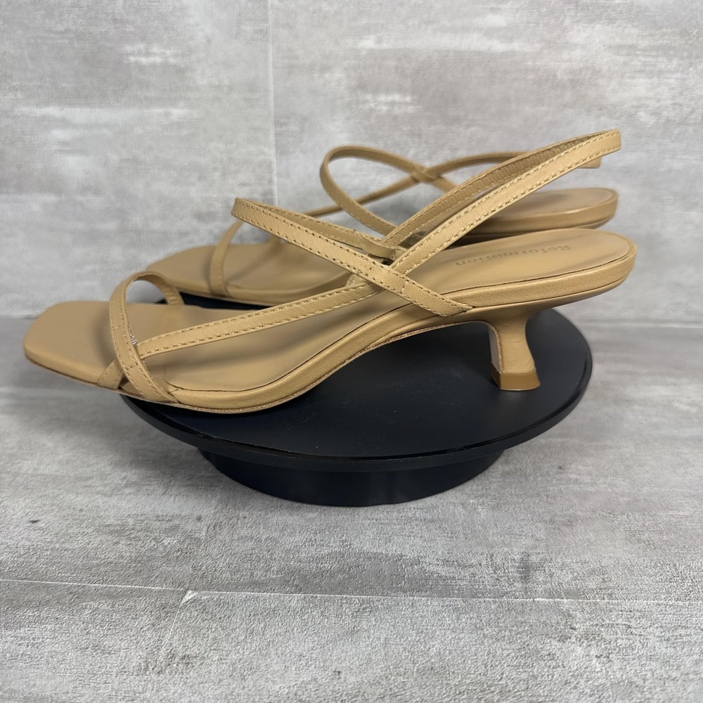 Reformation Sandals Womens Size 5 Tan Strappy Kitten Heel Square Toe Slingback - Picture 4 of 10